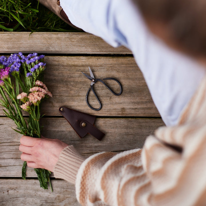 Small Vintage Flower + Herb Scissors with Recycled Leather Pouch