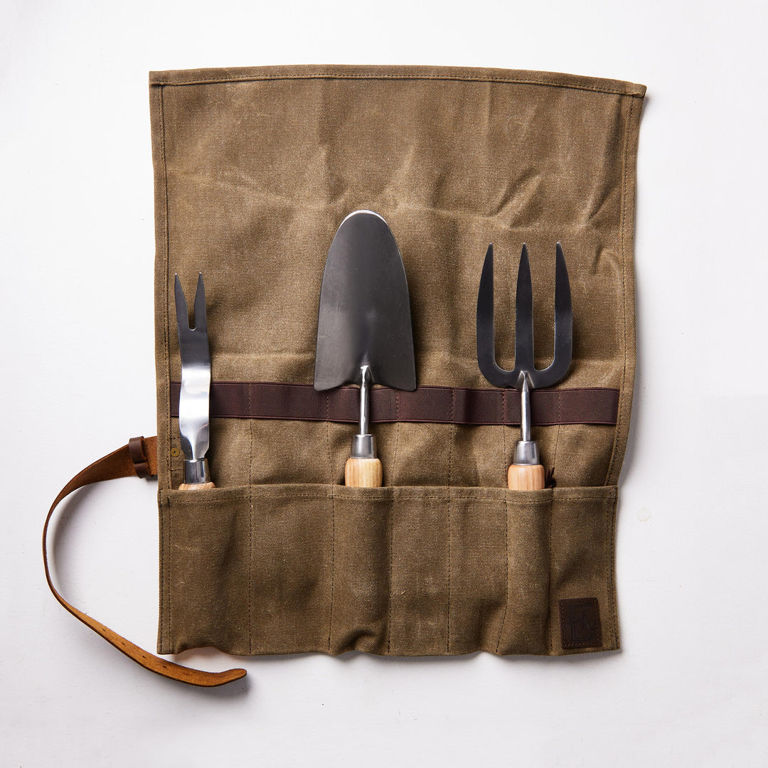Waxed Canvas Garden Tool Roll Kit with Wooden Handled Trowel, Hand Fork + Weeder